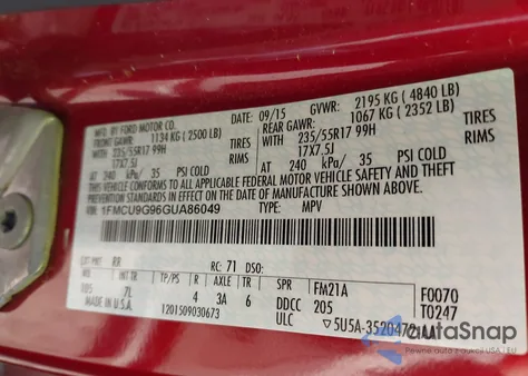 2016 Ford Escape Se из США, поврежденный, VIN 1FMCU9G96GUA86049